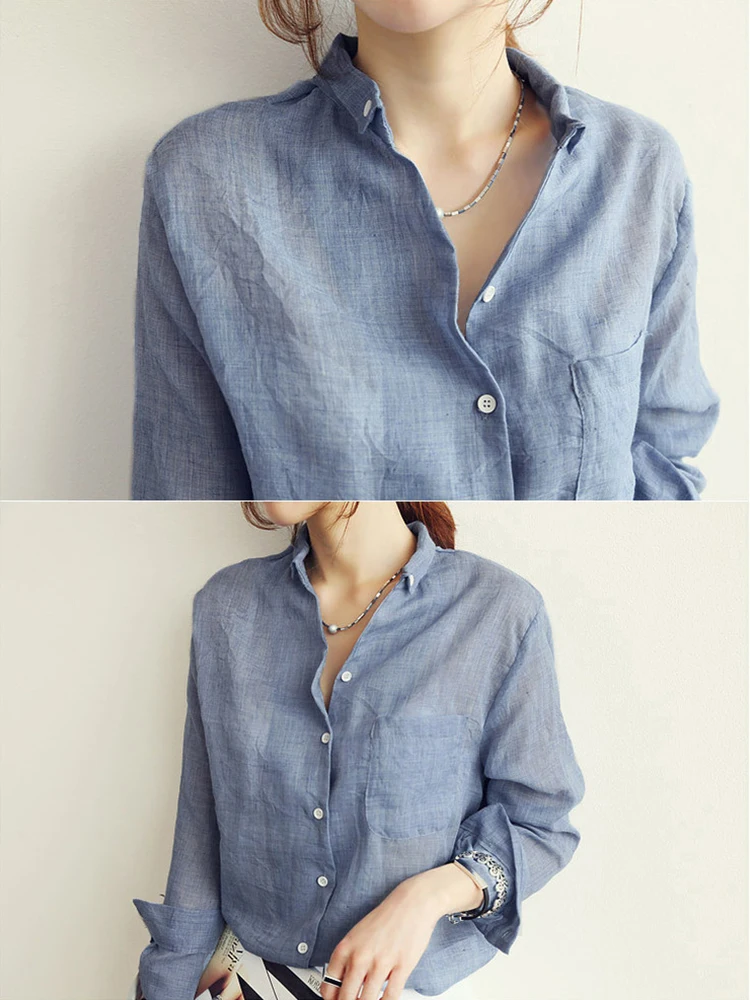 Women Autumn Korean Harjauku Solid Cotton and Linen Blouse Vintage Solid Thin Loose Shirt 2022 Casual Long Sleeve Korean Tops