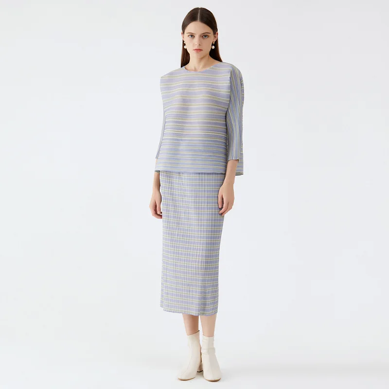 

Skirt Suits Women Clothing Elastic Loose Miyake Pleated Spring 2023 Fashion Fresh Striped Tops Slimming Midi Skirt Two-Piece Set