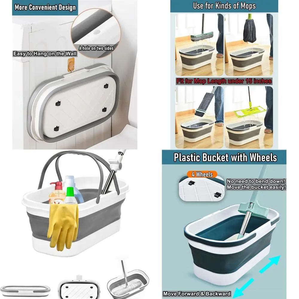 

Folding 12L Plastic Mop Bucket with Handle and Wheels for Home & Car Cleaning, Storage Organizer, Grey