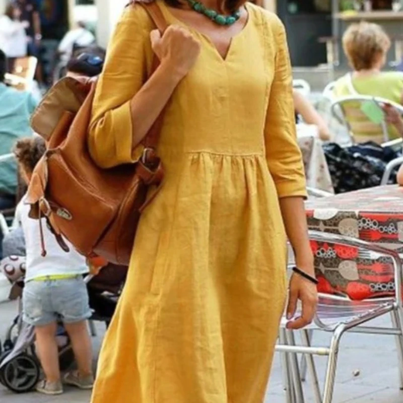 

Plus Size Vintage Women's Casual Summer Long Dresses Large Size Solid Sexy V-neck Beach Sundress Holiday Loose Dresses Vestidos