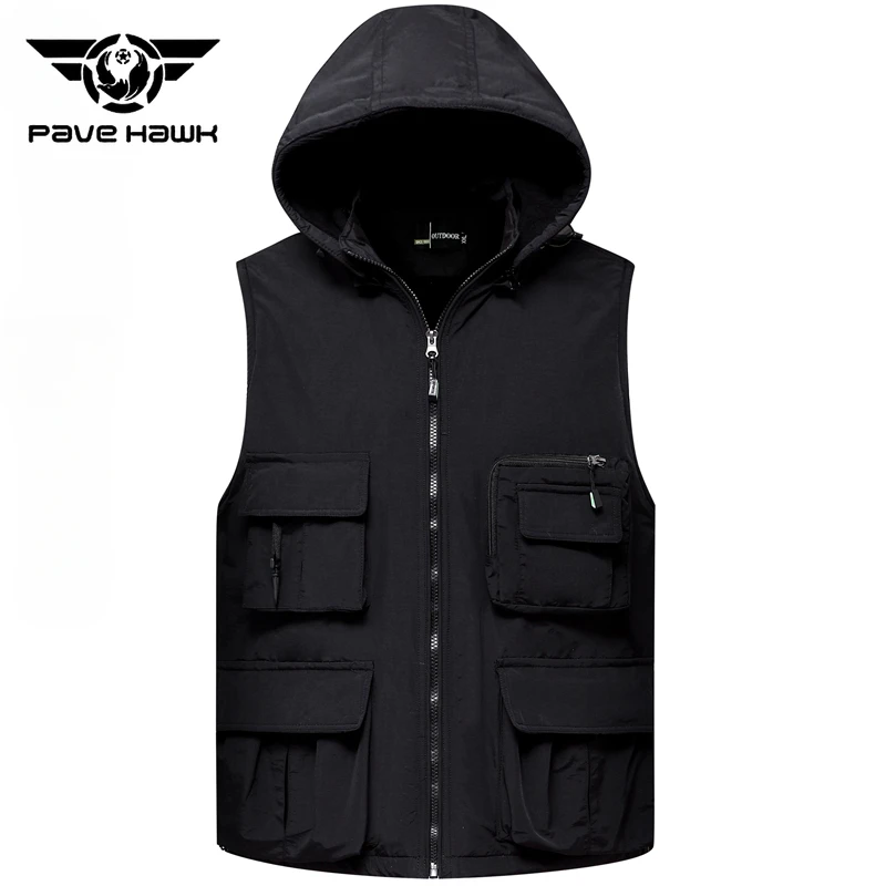 Autumn Winter Thickened Vest Men Multi-Pocket Fleece Warm Detachable Hooded Vest Outdoor Climbing Photography Fishing Tank Top