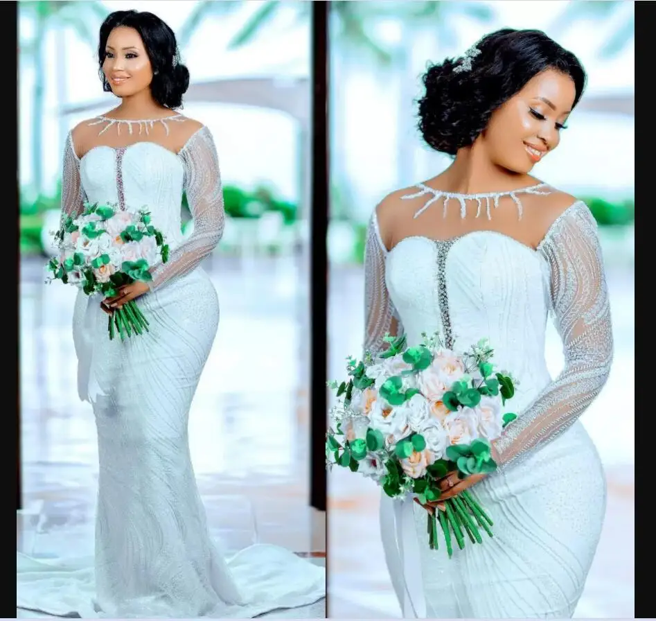 ที่กําหนดเองภาพลวงตา Scoop ลูกปัดชุดเดรสเมอร์เมด Robe De Mariée 2023 Sweep Train แขนยาวลูกไม้ Appliques เจ้าสาว Gow