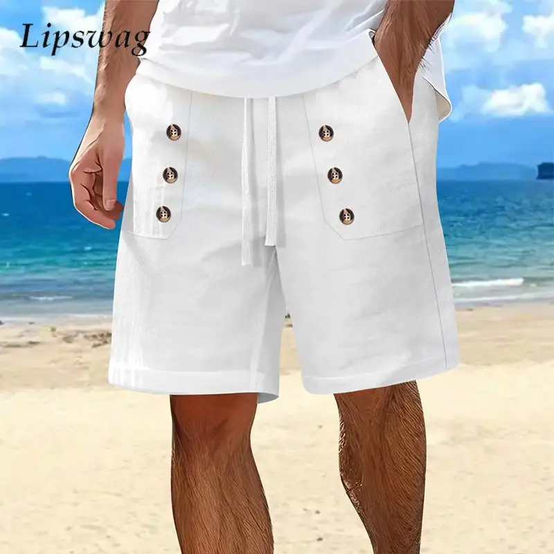 

Уличные повседневные дышащие мужские шорты, льняные однотонные свободные прямые шорты для мужчин, летние модные шорты на шнуровке