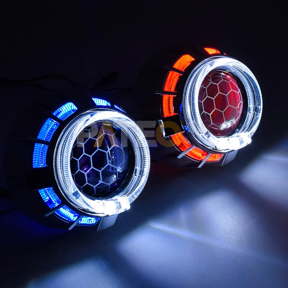 2.5 inch LED Dual Angel Eyes Halo DRL Honeycomb Car Headlight Lens Bi-xenon HID Projector Soccer Etching Lens H1 H4 H7 Retrofit