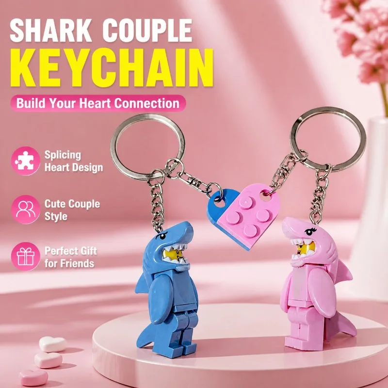 Cartoon Pink and Blue Shark Couple Keychain Heart-Shaped Building Block Splicing Keyring Backpack Pendant For Friends Gifts