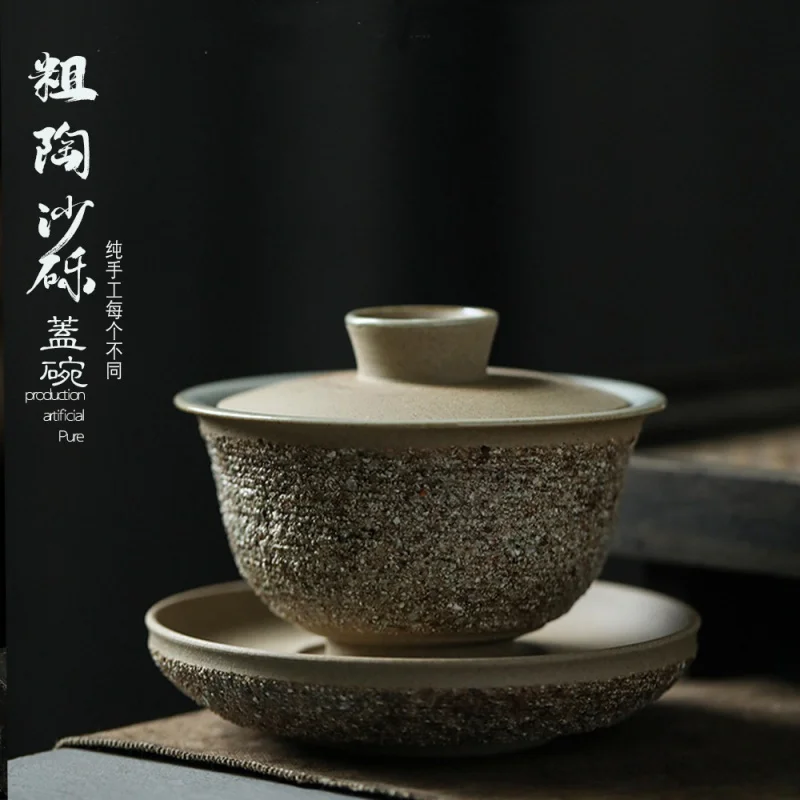 

★Jingdezhen Handmade Sandstone Sancai Gaiwan Tea Cup Single Ceramic Stoneware Tea Cup Non-Scald Kung Fu Tea Set