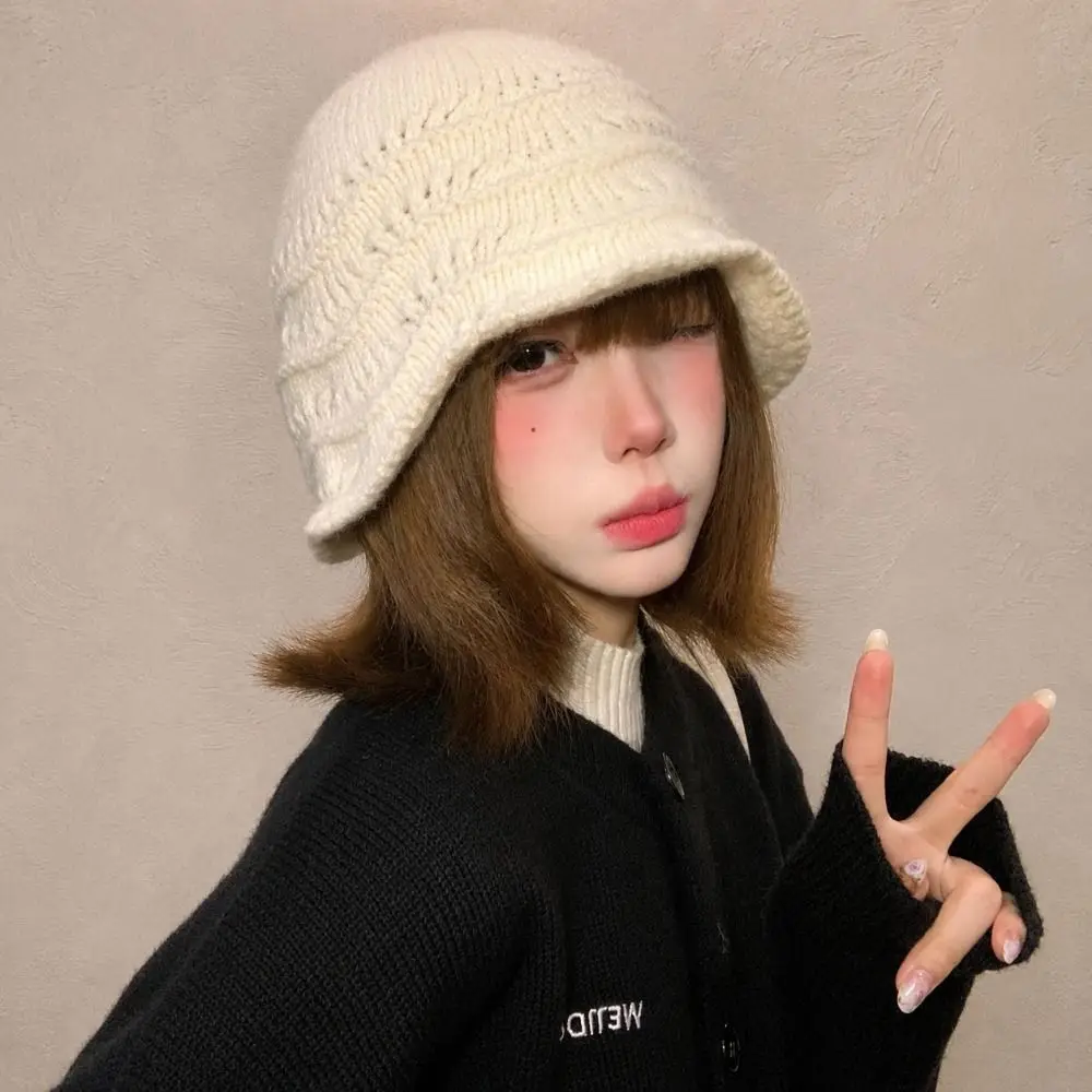 Fashion Hollow Knitted Hat Knitted Bucket Hat Hollow Out Wave Edge Fisherman Hat Warm Knitted Knit Hat Daily Wear