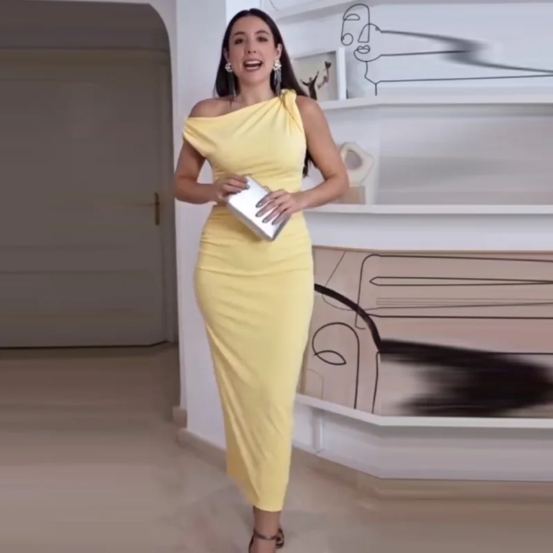 HXAO Women's Ruffled Yellow Dress Summer 2025 Elegant Asymmetric Beach Holiday Resort Dress Midi Sleeveless Slit Ruched Vestidos