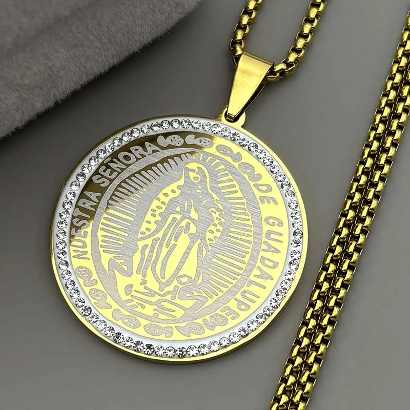 

Virgin Mary Crystal Pendant Necklace For Women Men Stainless Steel Gold Color Our Lady Of Guadalupe Catholic Chain Jewelry