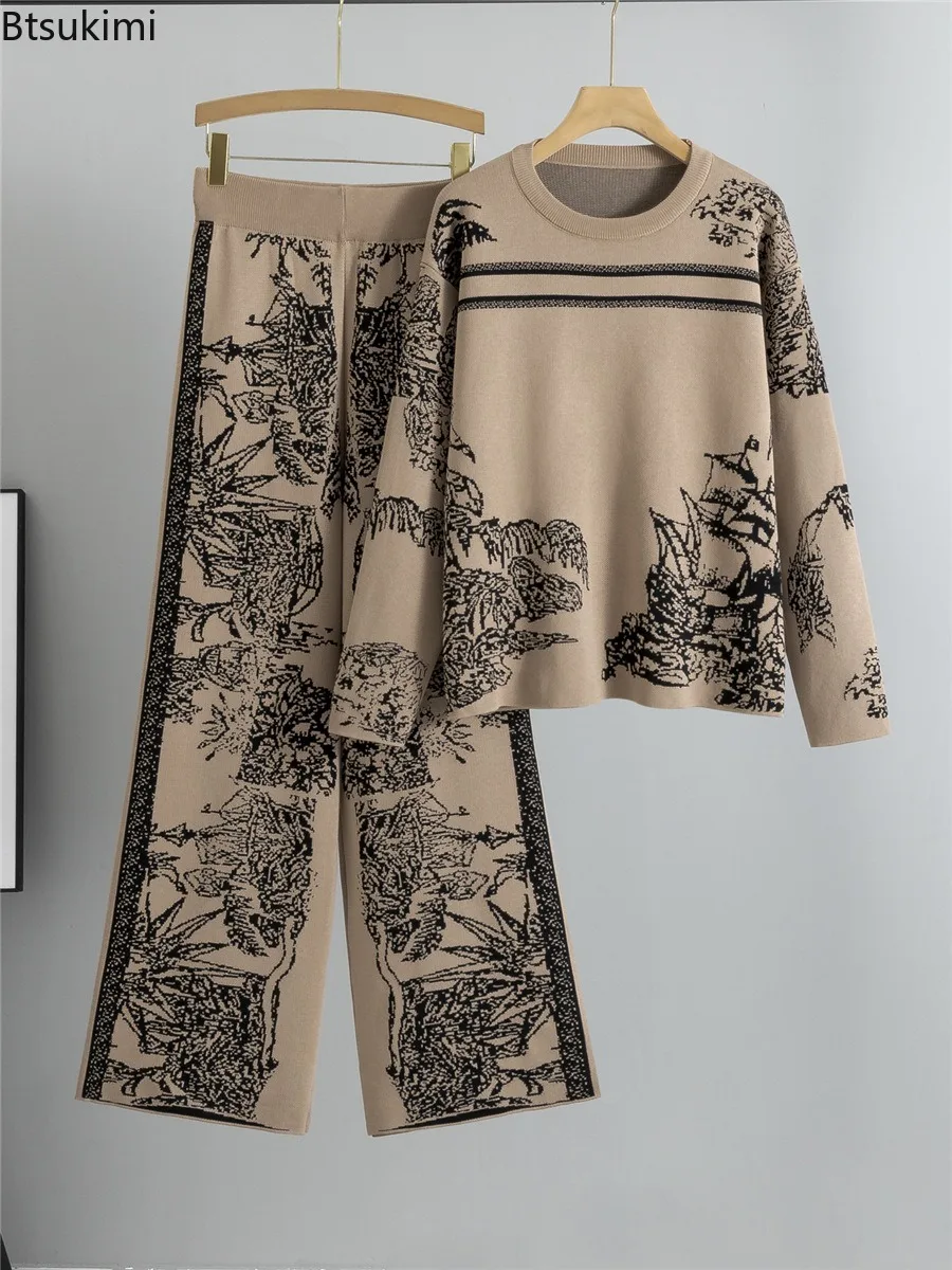 Modisches Damen-Strickset für Frühling und Herbst, neuer Stil, Pullover mit langen Ärmeln und Rundhalsausschnitt im Tuschendruck-Look, lockere Hose mit weitem Bein, zweiteiliges Set.