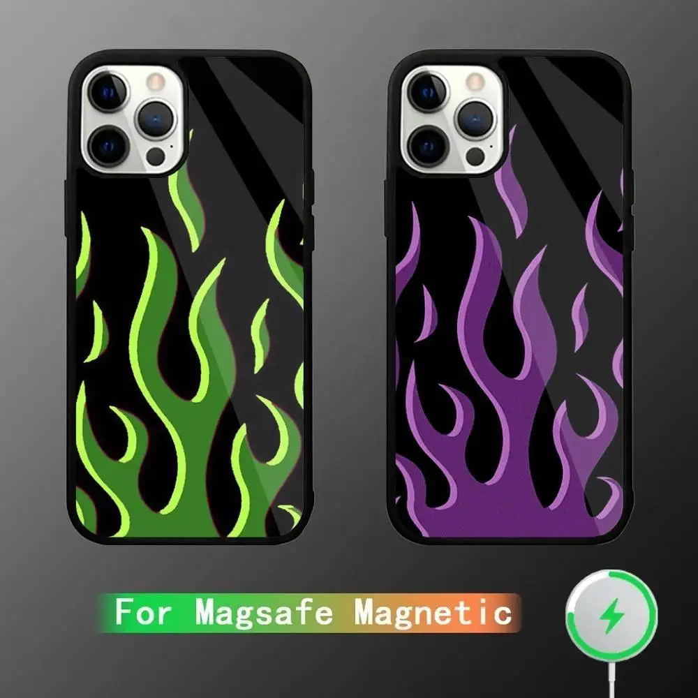 

Cool Green Red Flame Phone Case For iPhone 17,16,15,14,13,12,11,Pro,Max,Plus,Mini,SE4,E Magnetic Magsafe Wireless Charging