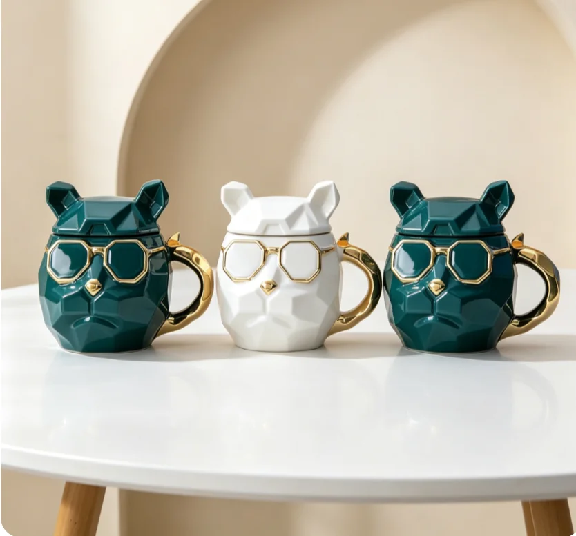 Ceramic Cool Dog Cup, New Unique Design Cup, Daily Ceramic Cup with Lid, Makeup Cup, Cartoon Couple Coffee Cup Mug