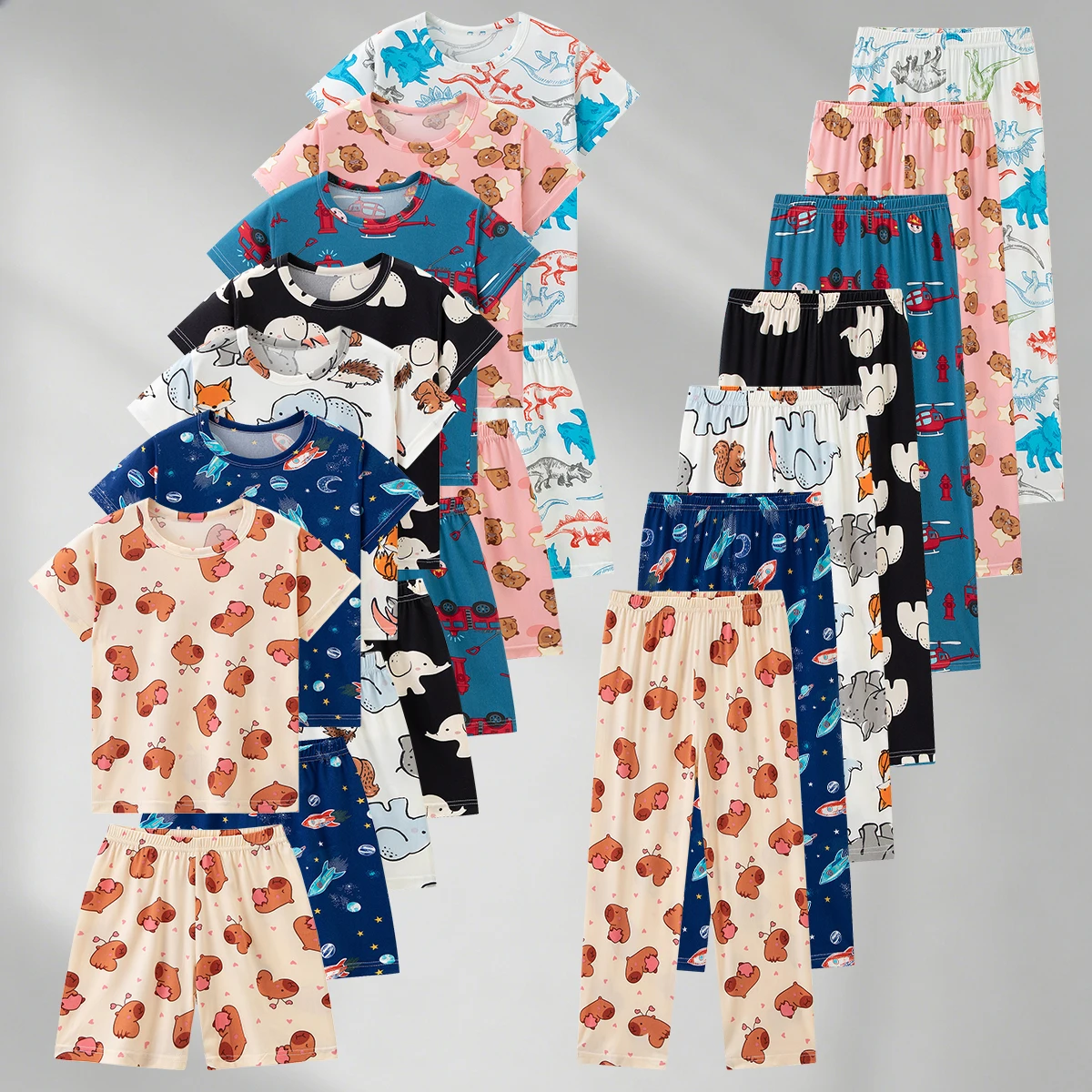 3-Piece Children's Multi-Color Combination Print Set For Boys And Girls Comfortable And Soft Home Short-Sleeved Shorts Long Pant