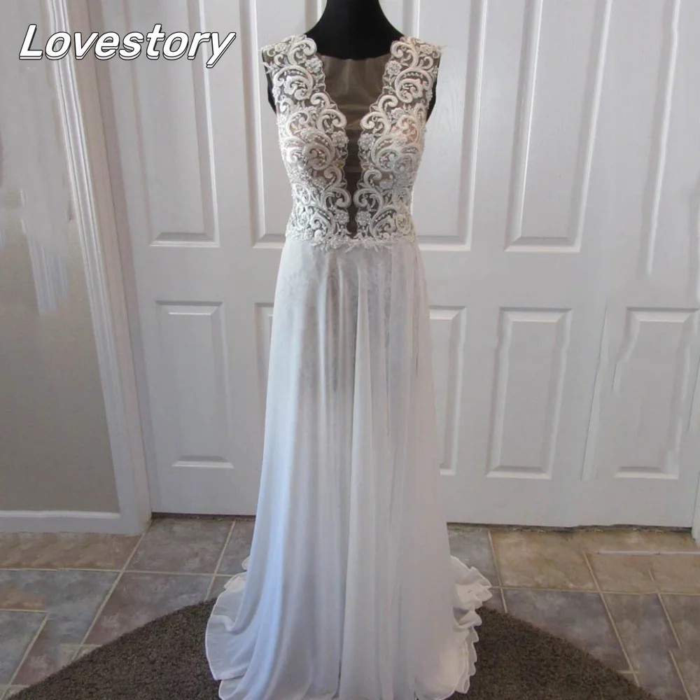 Boho sexy uma linha vestidos de casamento novo tanque chiffon renda vestido de noiva volta ilusão vestidos de noiva personalizado novia