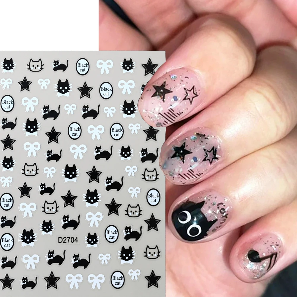 12 sztuk piękny czarny kot naklejki na paznokcie Cartoon dziecięcy Graffiti zwierzęta Kawaii serce gwiazda Bowknot naklejka do paznokci Manicure Decor