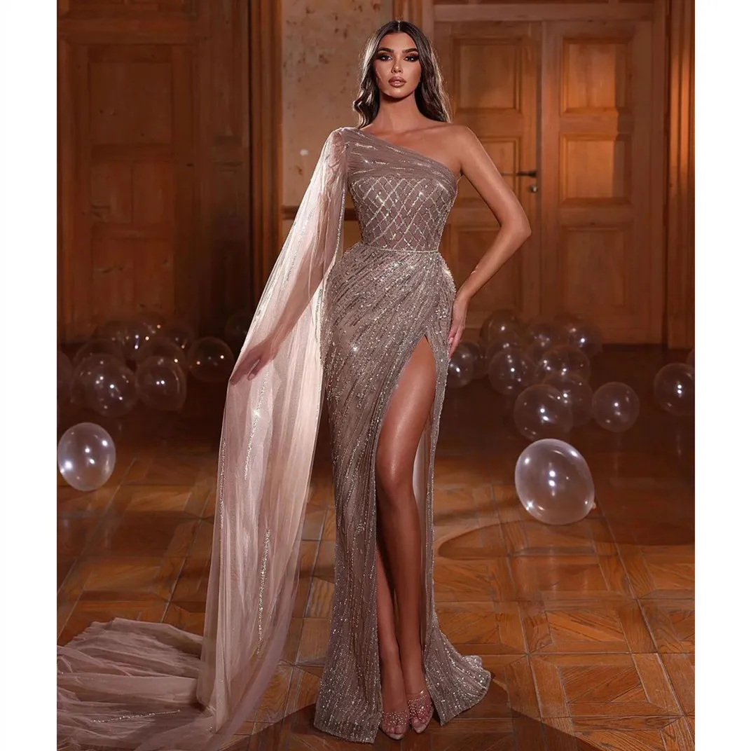 Shine Lace Evening Dresses Sparkly Sleeveless One Cape Shoulder Sequins Beaded Appliques Side Slit Prom Dresses Custom Made