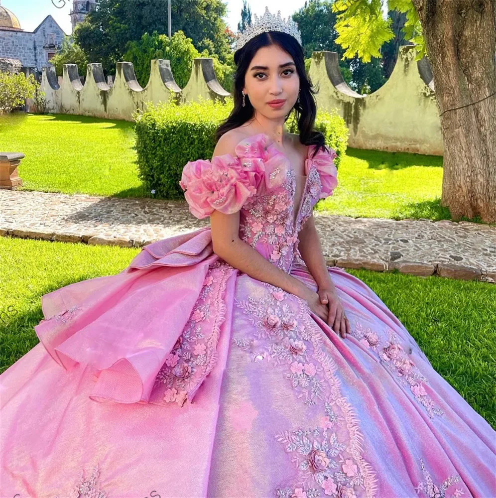 Roze Baljurk Quinceanera Jurken Van De Schouder Mexicaanse Vestidos De 15 Anos Kanten Appliques Bloem Junior Prom-Jurk