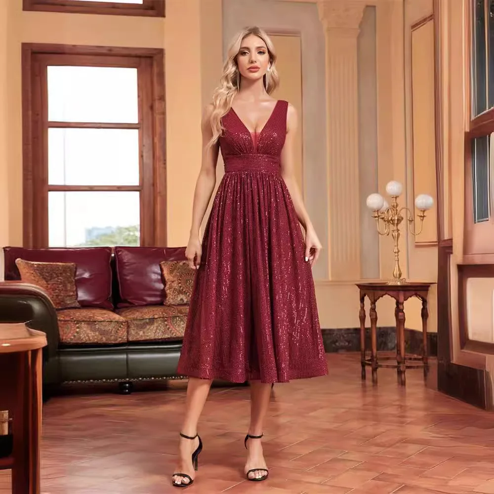 

Deep V Sleeveless All Over Glitter Sequin A Line Midi Dress Burgundy Knee Length Gala Bridesmaid Short Formal Gown