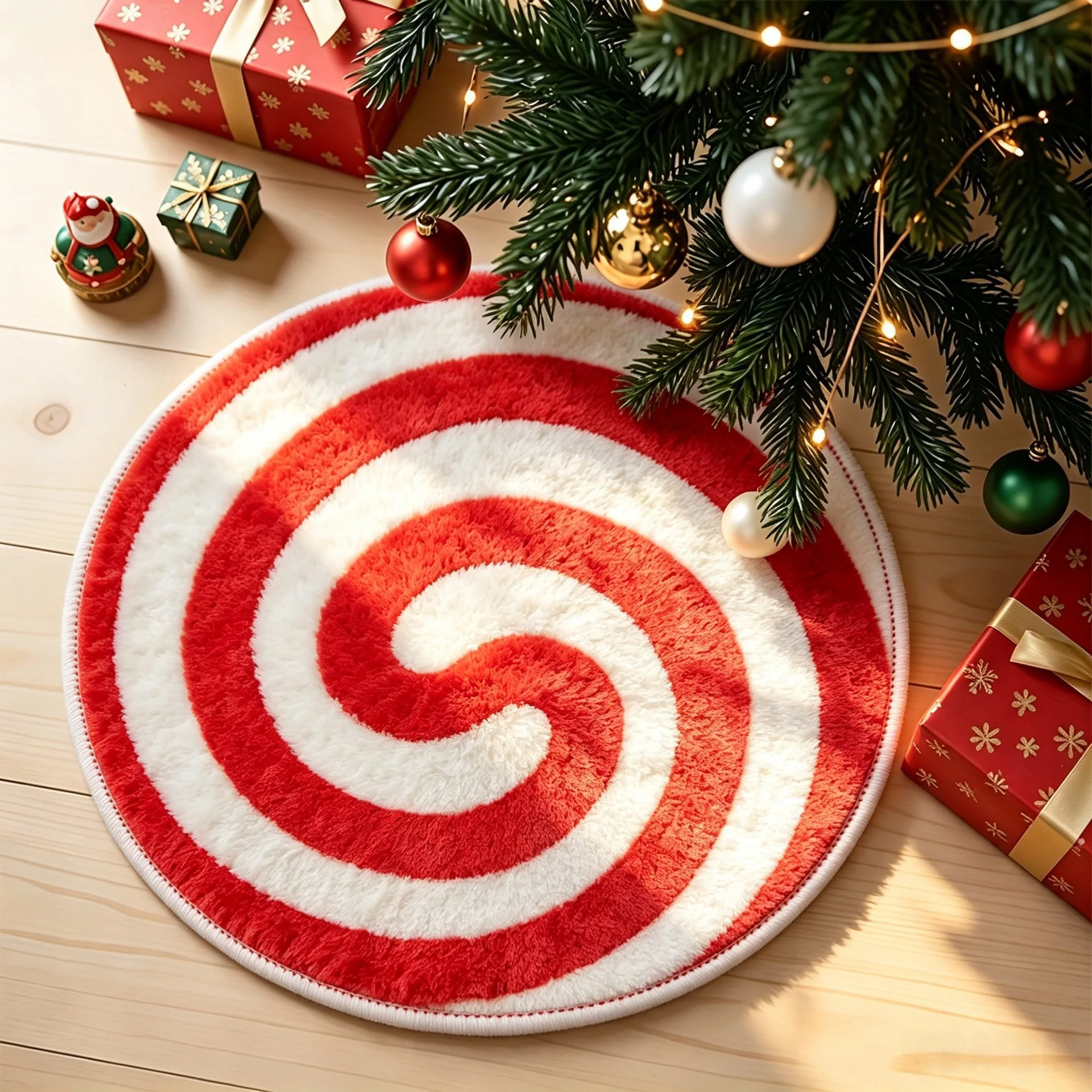 Christmas Candy Swirl Round Fluffy Rug Non Slip Soft Shaggy Floor Carpet Living Room Sofa Bedroom Bedside Xmas Home Decor