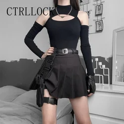 CTRLLOCK Techwear Slim Off spalla manica lunga salopette donna dolcevita scava fuori tuta nera Grunge