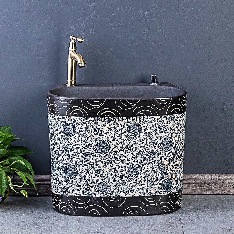 

Balcony washing mop pool household bathroom blue and white ceramic large floor basin floor type