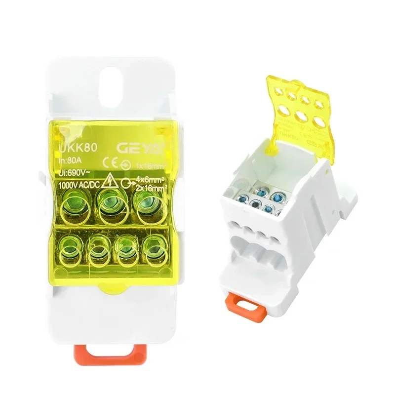 UKK-80A Distribution Box Din Rail Terminal Block 1 In 6Out Power Junction Box 80A Universal Electric Wire Connector