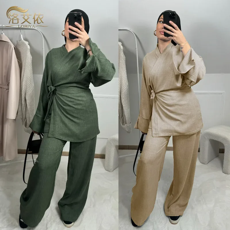 2024 New Ramadan Muslim Suit Lace-up Abayas for Women Top Plus Wide Leg Pants Trousers Two-piece Set for Middle East Turkey