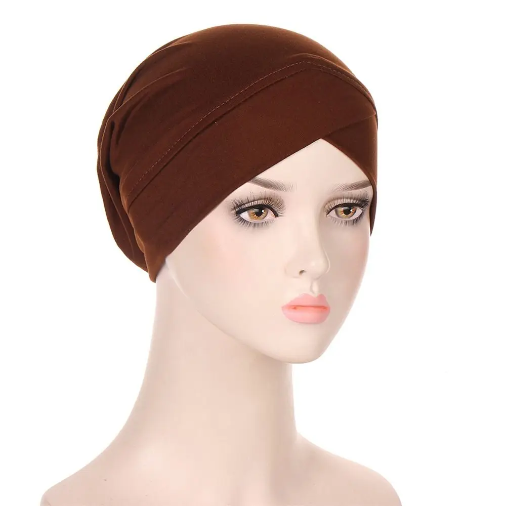 Ladies Turban Hat Muslim Pleated Indian Inner Hijabs Sleep Cap Solid Color Head Wrap Women Bandana Headwear Boonet