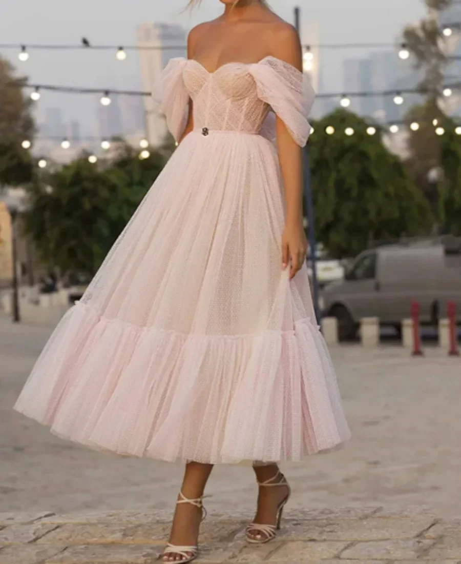 2024 schulter freie Punkte Tüll Prinzessin Heimkehr Kleid rosa Abend formelle Party kleider abendkleider bescheidene kurze Ballkleider