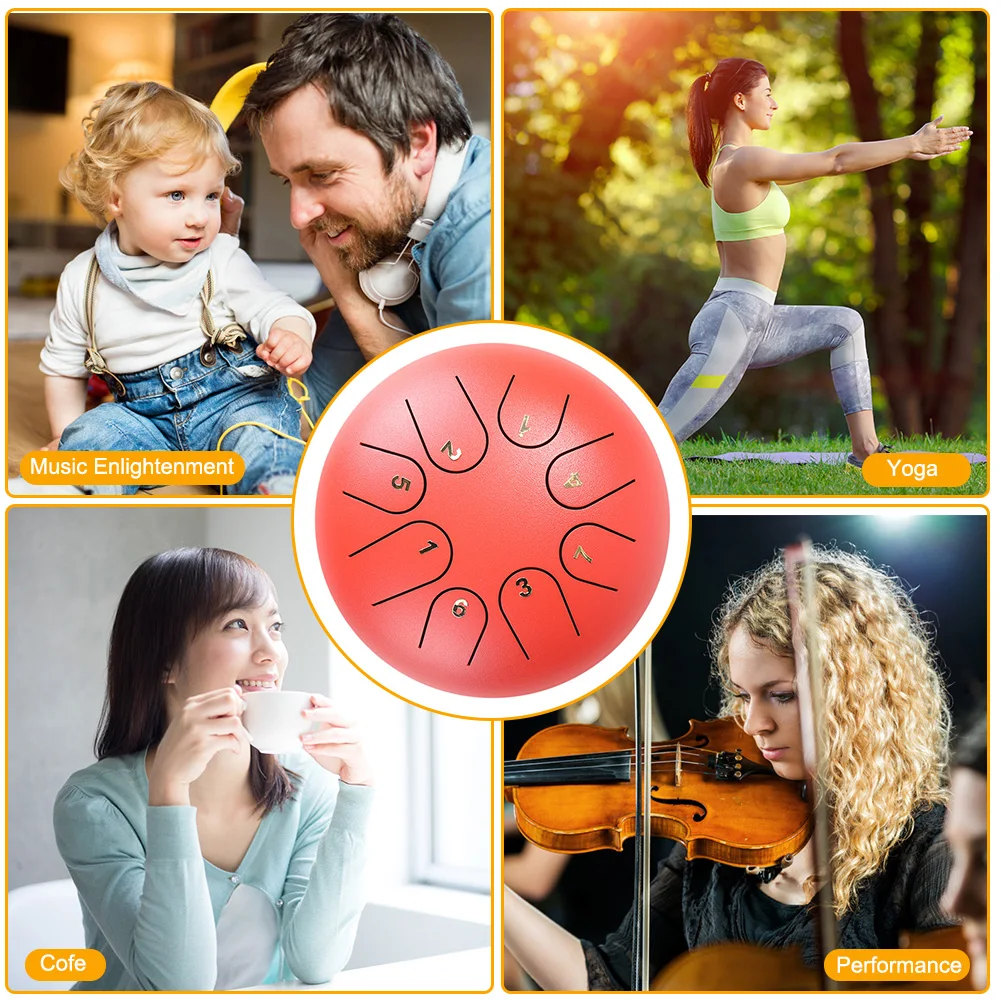 Tambor de lengua de acero al carbono de 6 pulgadas y 8 notas, instrumento de percusión, tambor manual con bolsa de almacenamiento, alivio del estrés para niños y adultos