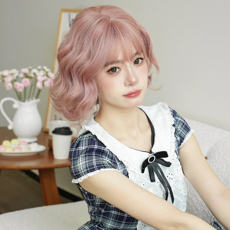 7JHH WIGS Lolita Wig Synthetic Short Wavy Pink Bob Wig for Sweet Girl High Density Loose Costume Wigs with Fluffy Bangs Glueless