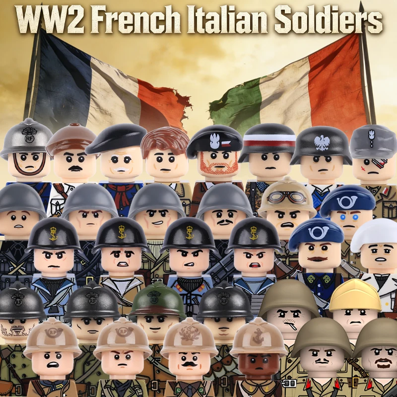 Blocs de construction de la série Soldats Français et Italiens MOC – Figurines Militaires, Armée, Marine, Infirmiers, Infanterie, Casques, Fusils – Briques DIY, Jouets, Cadeaux