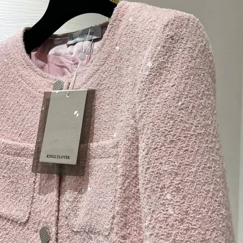 Giacca da donna in tweed con collo rotondo e bottoni in argento scintillante rosa da donna da ufficio nuovi arrivi 2024