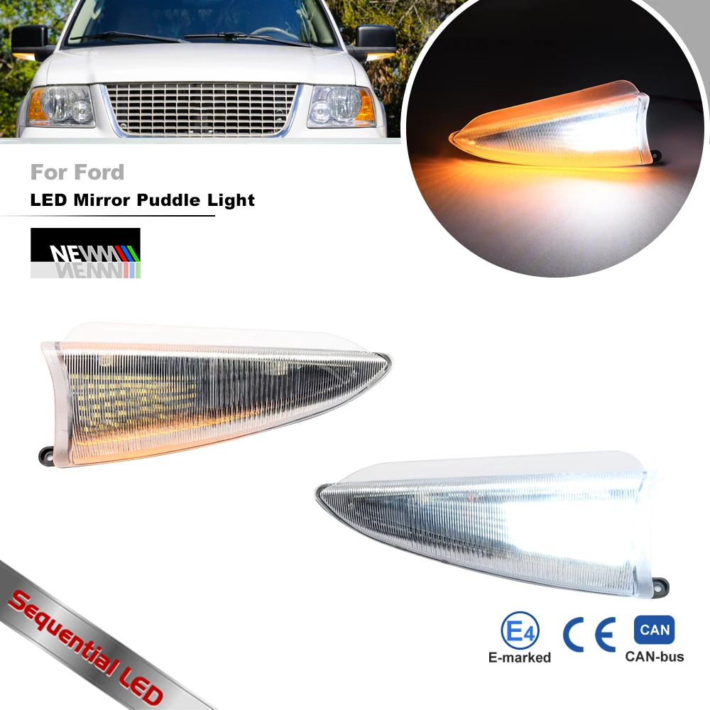 For 2003-2006 Ford Expedition Lincoln Navigator Amber/White LED Dynamic Side Mirror Turn Signal Lights White Puddle Lamps