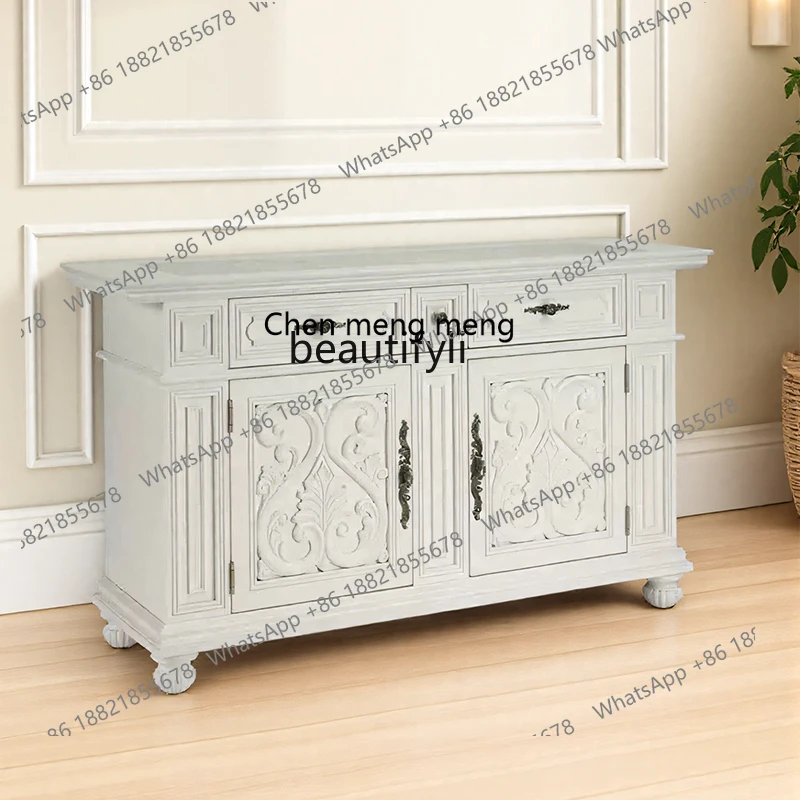 

French retro solid wood dining side cabinet, living room carved storage locker, American light luxury door cabinet