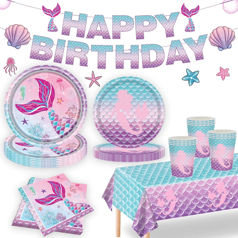 Meerjungfrau Geburtstag Party Dekoration Geschirr Teller Servietten Anzahl Folien Ballons Mädchen Geburtstag Party Dekore Baby Dusche Liefert – Detail 5