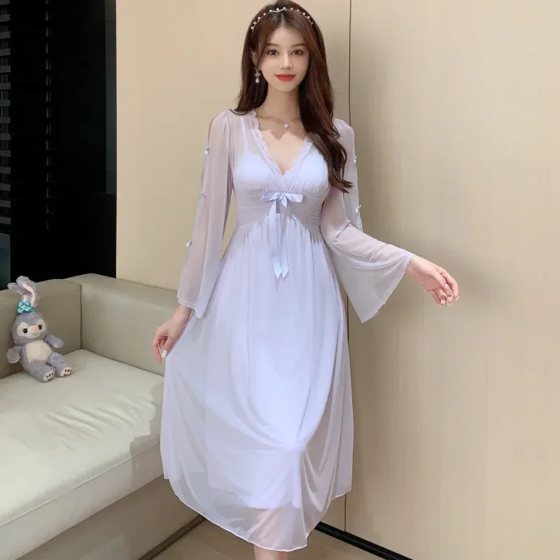 V-Neck Nightgown Women Long Sleeve Sleepwear Bathrobe Dressing Gown Lingerie Court Style Summer Mesh Nightdress Loungewear