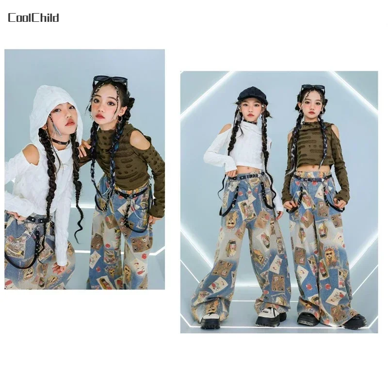 Girls Hip Hop Crop Ripped Off Shoulder Hoodies Poker Jeans Kids Denim Pants Street Dance Clothes Sets Children K-pop Costumes