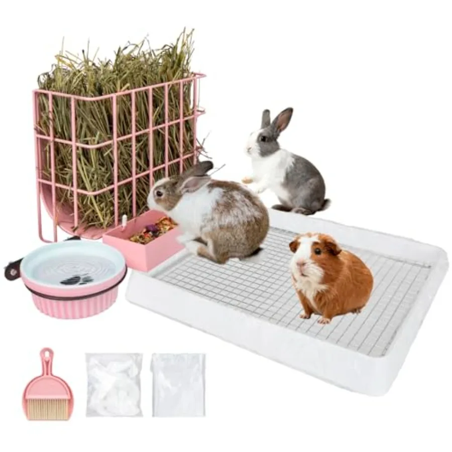 

Кормушка для кроликов 3-в-1 с лотком для туалета: улучшенная металлическая подставка для сена, лоток для туалета и поилка. Быстрая очистка, простая установка. B