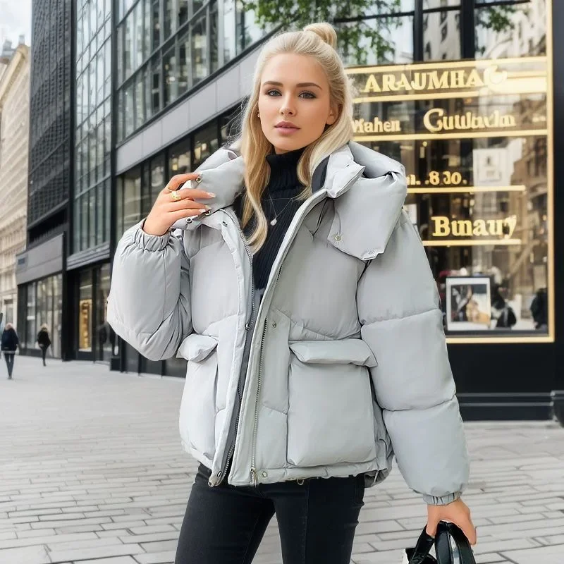 2024 Winter Fashion Chic Hooded Down Cotton Puffer Parka Coats Women Loose Solid Thicken Warm Jacket Female New Zippers Outwear