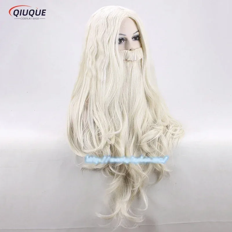 Anime Dumbledore Cosplay Wig Halloween Mens Gandalf Long Blond With Beard Heat Resistant Synthetic Hair Party Wigs   Wig Cap