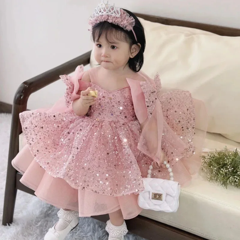 Kids Baby Princess Beading Tulle Bow Flower Girl Dresses First Communion Dresses Birthday Christmas Gift Wedding Party Birthday