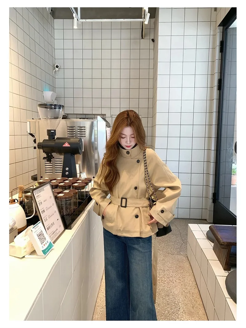 

Belted Waist Cropped Trench Double Breasted Stand Collar 2026 Autumn Chic Elegant Women Coat Casual Vintage Office Lady Jacket