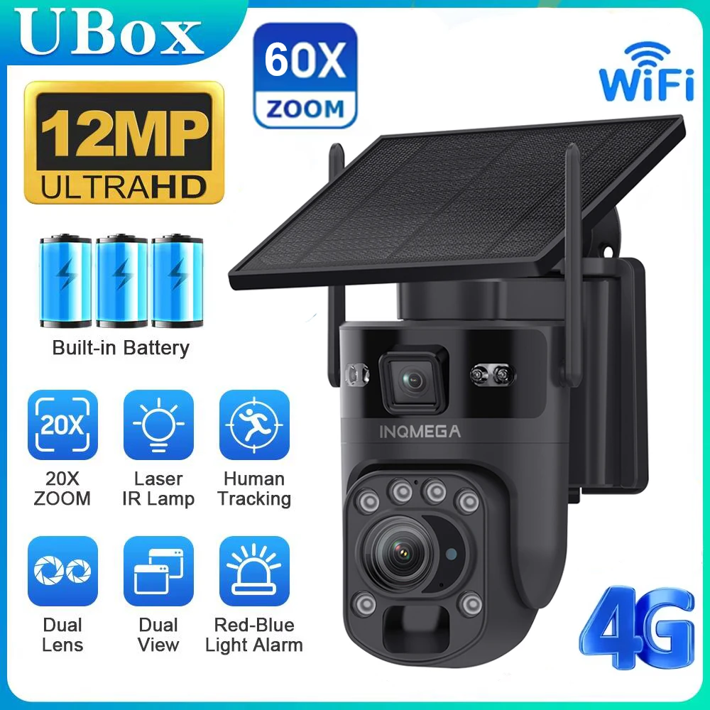 INQMEGA Camera 4G 60X Optical Zoom Solar Camera 4K WiFi Security Camera Auto Tracking PIR Detection PTZ Outdoor Surveillance