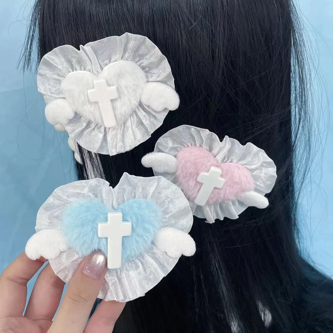 Lolita Anime Forcina Gotico Mina terrestre Cool Girl Angelo medico Croce di pizzo Peluche Amore Fermaglio per capelli Cosplay Festa a tema Accessori Y2k