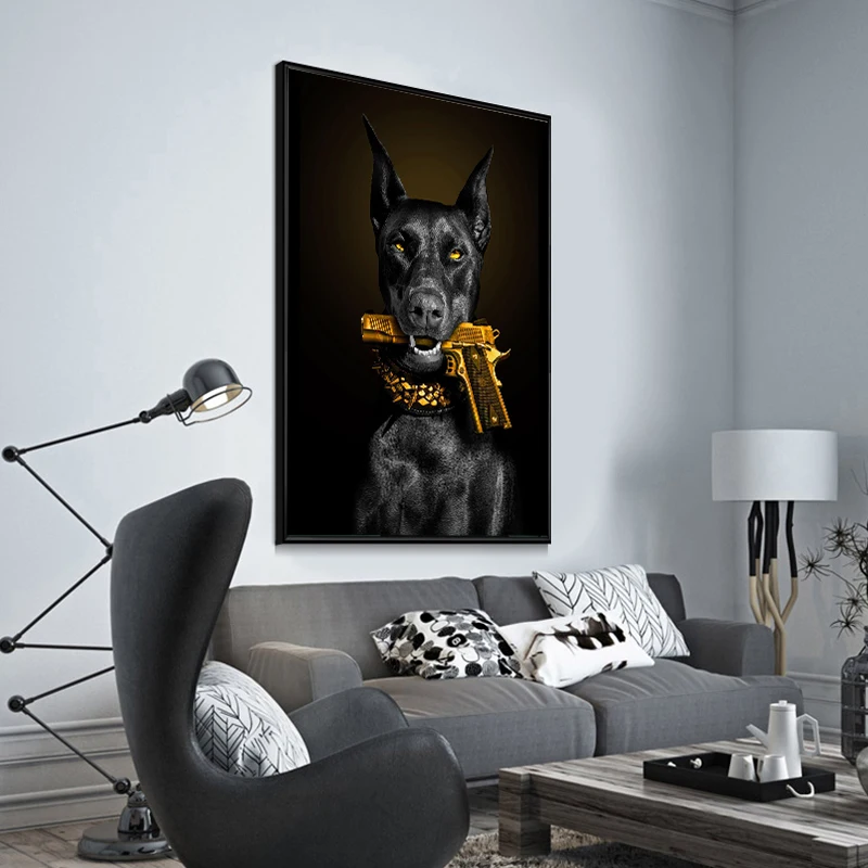 Dog with Gold Gun Posters Prints Luxury Dog Art Canvas Painting Doberman Wall Art Pictures Mural for Living Room Home Decoration