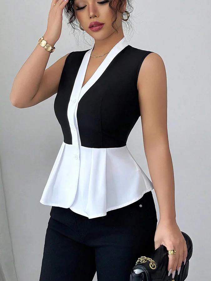 

Women's Svel V-Ne Cardigan irt Fake Two-Piece Set Sexy Sle Waist-Cinching Thin Fabric No-Wrinkle Autumn Faion