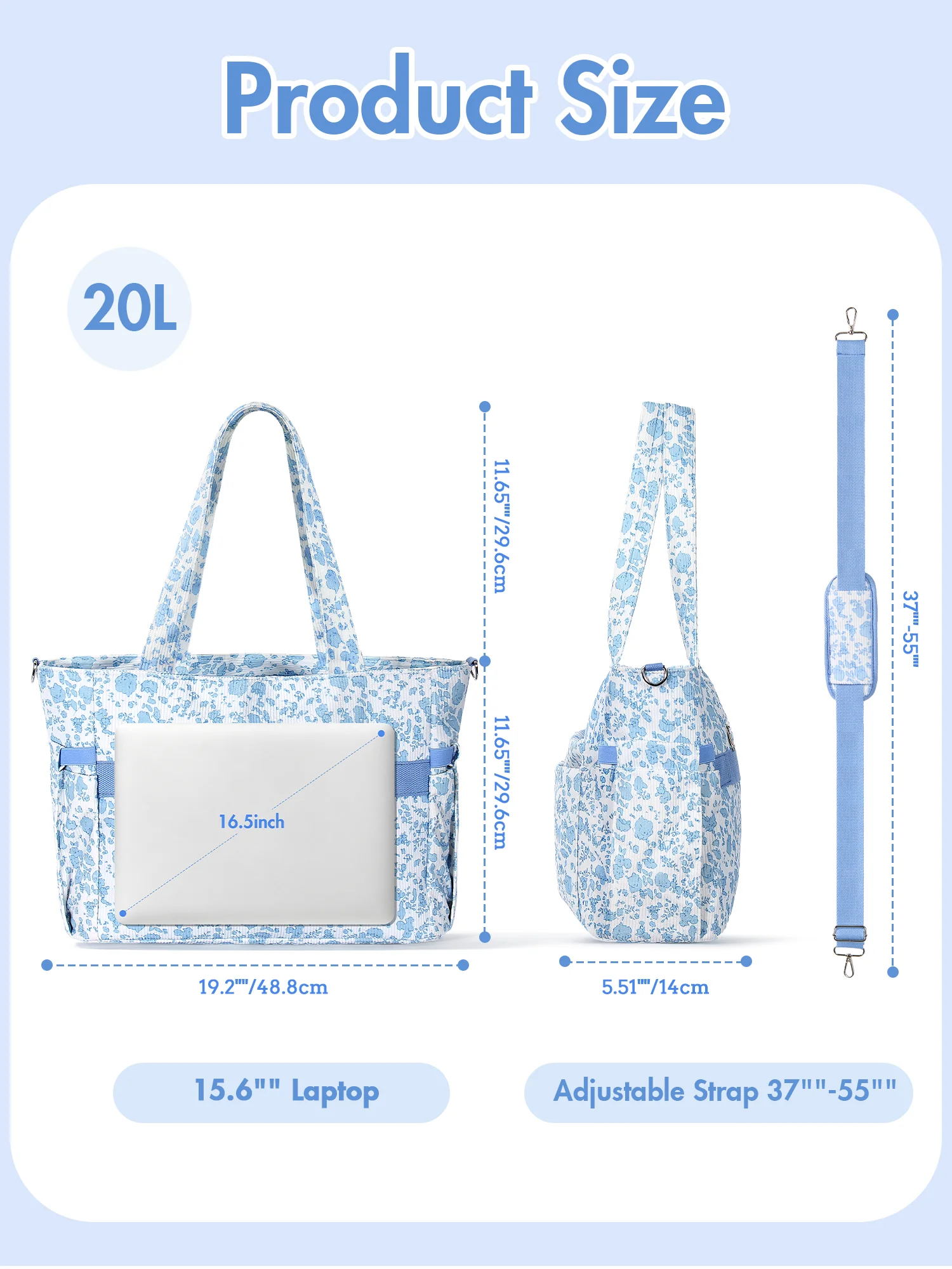 Corduroy Tote Bag for Women with 40oz Cup Holder, 17 Pockets Large Capacity Laptop Work Handbag with Adjustable