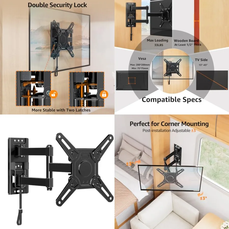 

Lockable RV TV Mount, Full Motion RV Mount for Most 13-43 inch TV, TV Wall Mount for Camper Truck Trailer Marine Boat Motor Home, Max VESA 200x200mm, up to 33LBS