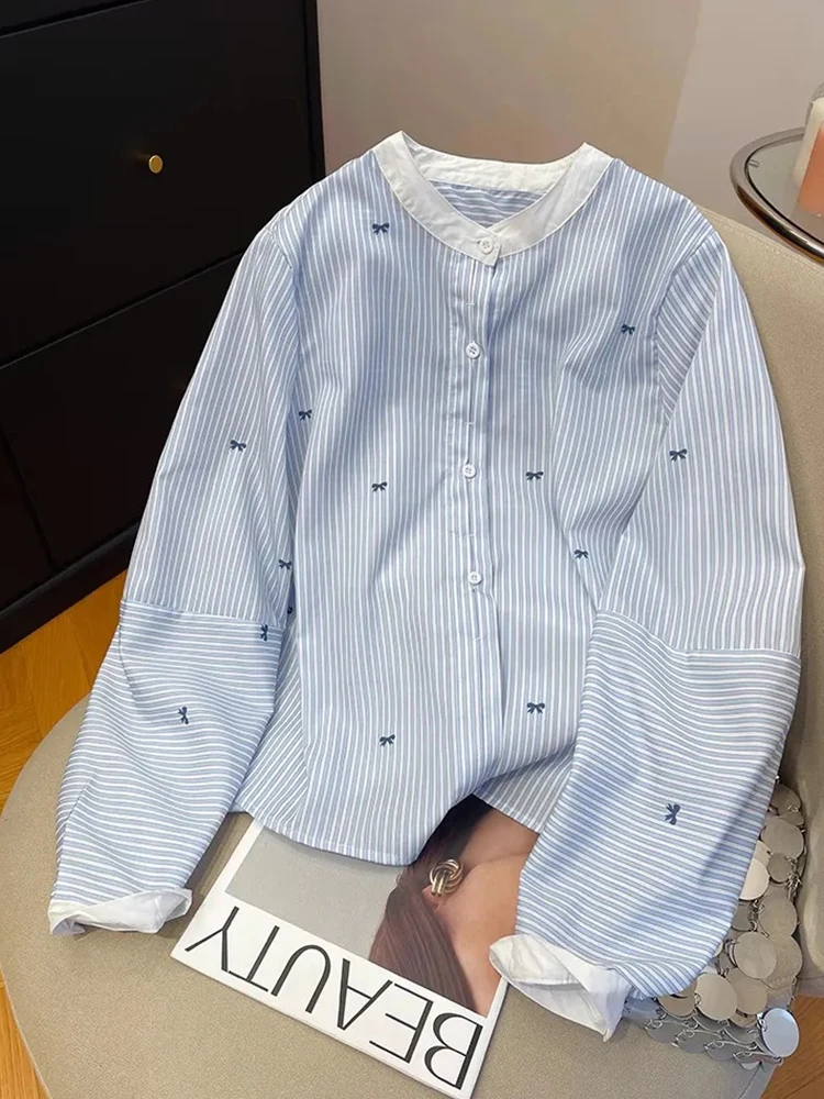 

Zoki Cute Bow Print Striped Shirt Women O Neck Long Sleeve Vintage Blouse Casual Loose Korean Sweet Female Fall New Retro Tops